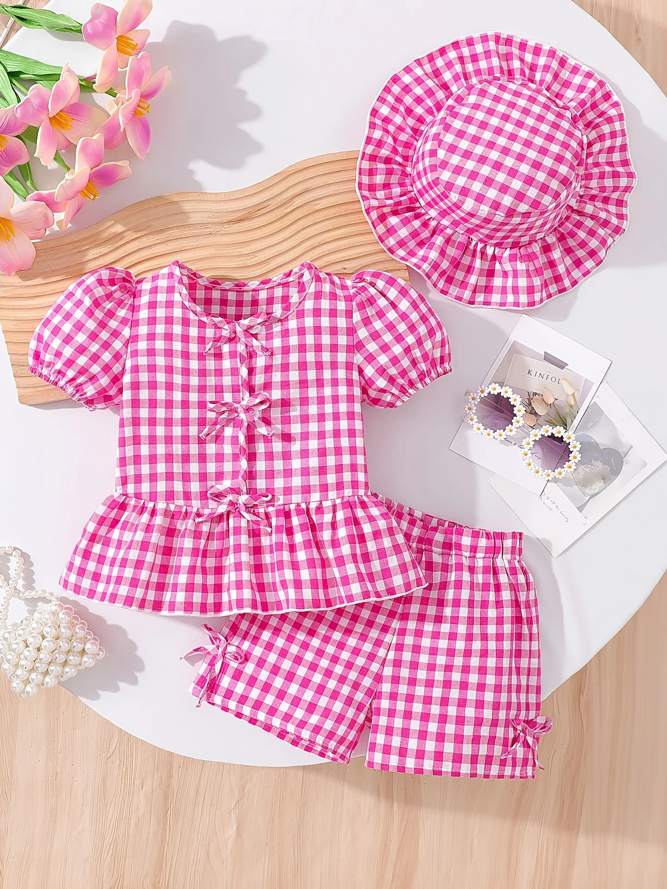 

Baby Girl 3-Piece Pink Gingham Set: Puff Sleeve Top + Shorts + Hat | Must-Have for Cute Babies, Valentine & Birthday Gift