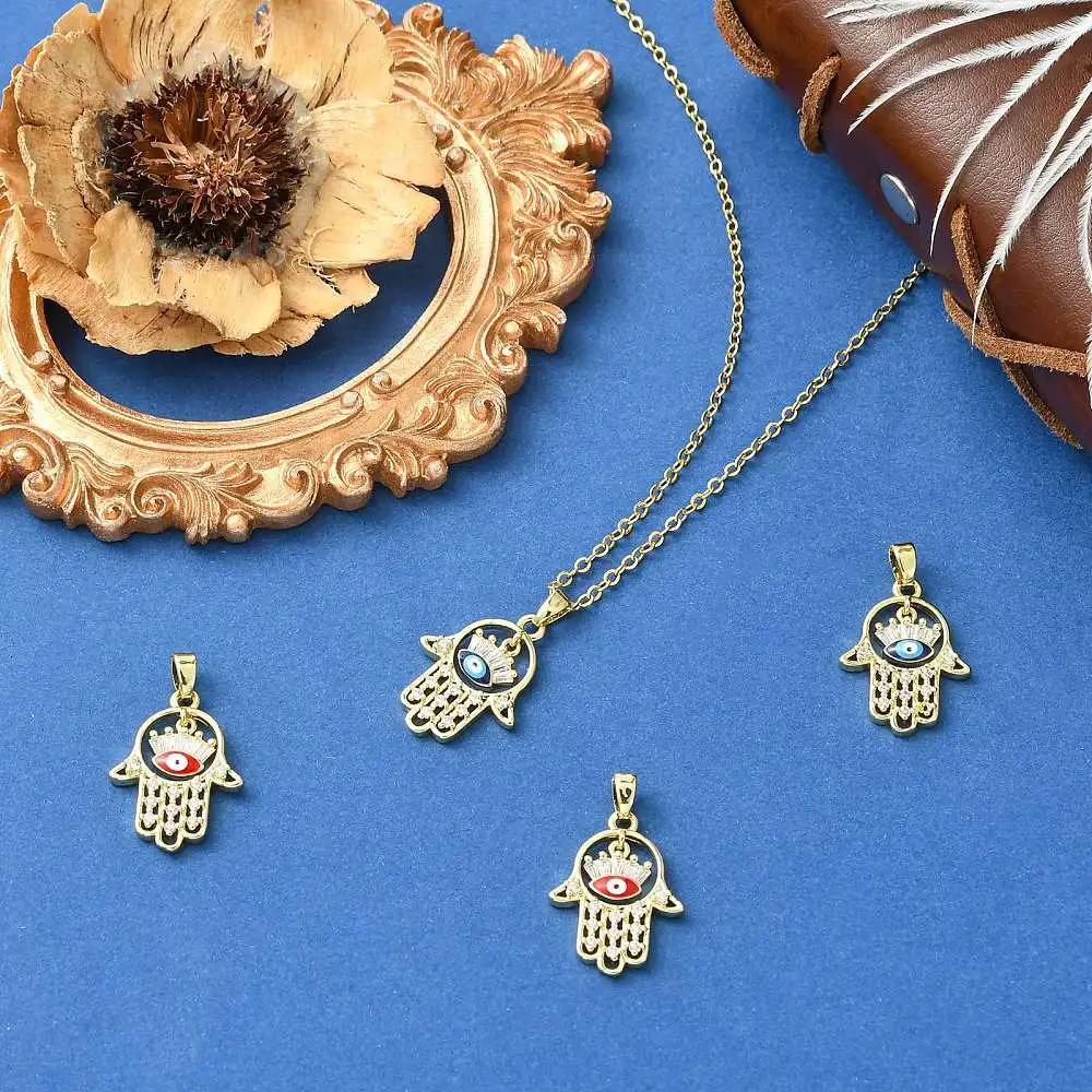 4pcs Golden Hamsa Hand Charms Micro Pave  Clear Cubic Zirconia Evil Eye Pendants for DIY Necklace Bracelet Jewelry Making Decor