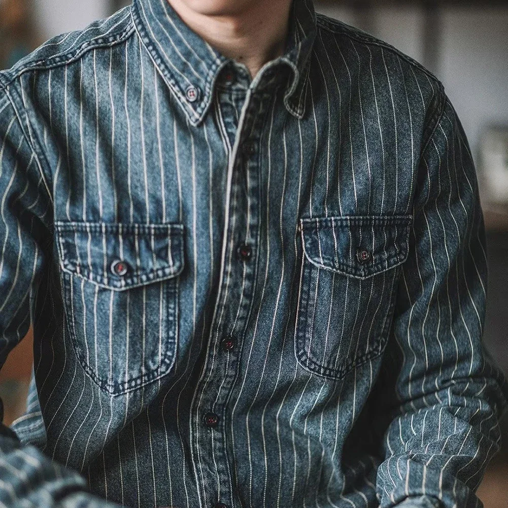 

Male Jacket Mens Shirt Breathable Casual Large Size Long Sleeve Shirt Minimalist Regular Washed Vertical Stripe