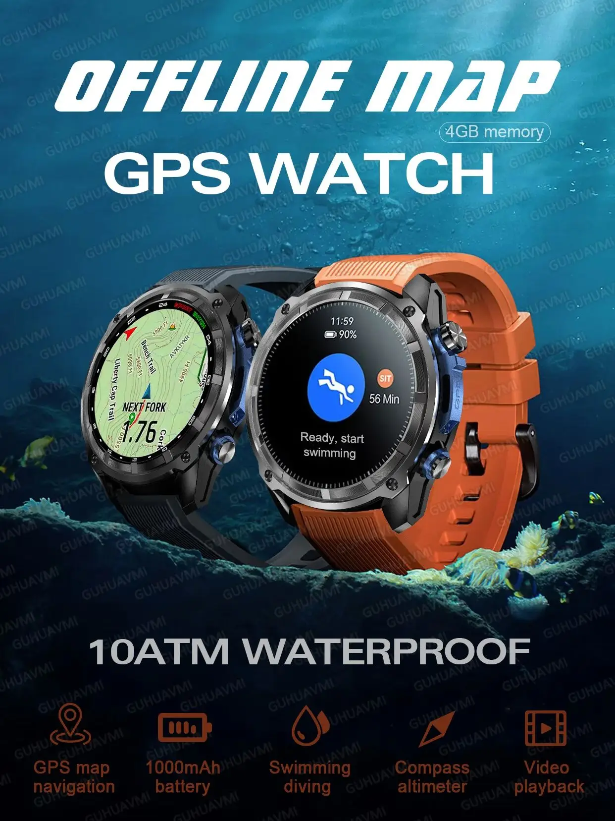Nieuwe Mannen Militaire GPS Kaart Smart Horloge Volwassen 4GB Geheugen AMOLED HD Horloge 1000mAh Batterij 10ATM waterdichte Bluetooth Oproep Smartwatch - afbeelding 2