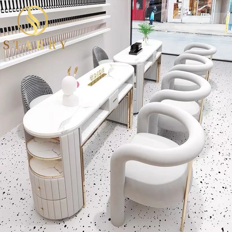 Luxury Salon Equipment Furniture Package Manicure Table Nail Desk Chair Throne Pedicure Chairs Clear Black Top White Metal Wood