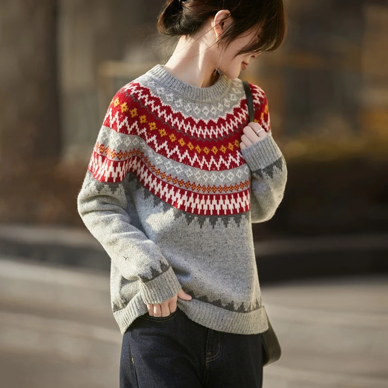 Pullover con scollo a O da donna Maglione di pura lana Twist Flower Primavera Autunno Inverno Maglieria di lana 100% Maglione jacquard Abbigliamento Top