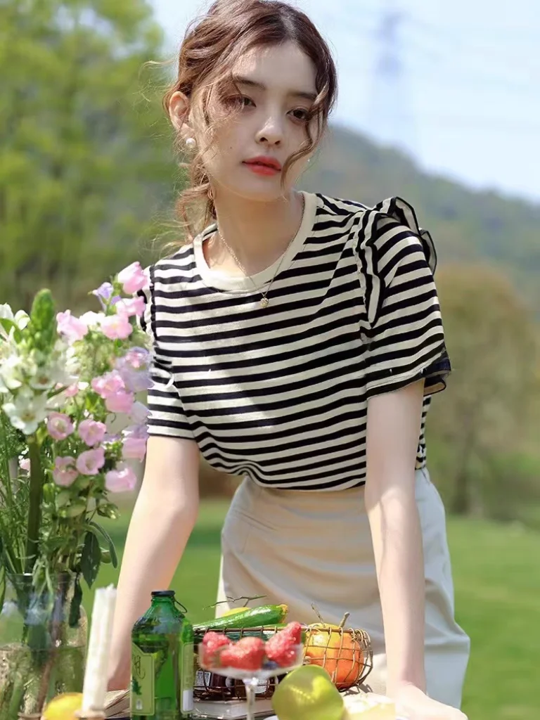 

Женская футболка Ele Striped ort Sve Rouje Rosella, вязаный круглый топ Ne, модная облегающая летняя одежда для поездок на работу