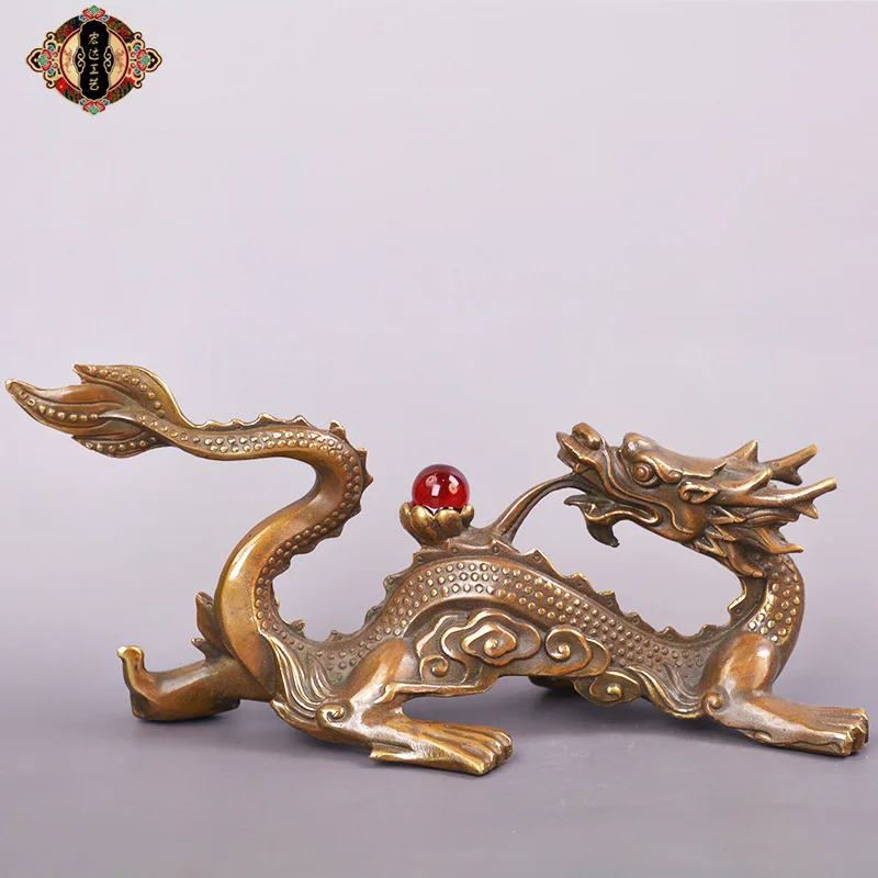 All-brass Green Dragon Playing with a Pearl, Antique-look Dragon Figurine for Home, Office, or Entrance Hall, a Decorative Bronz
