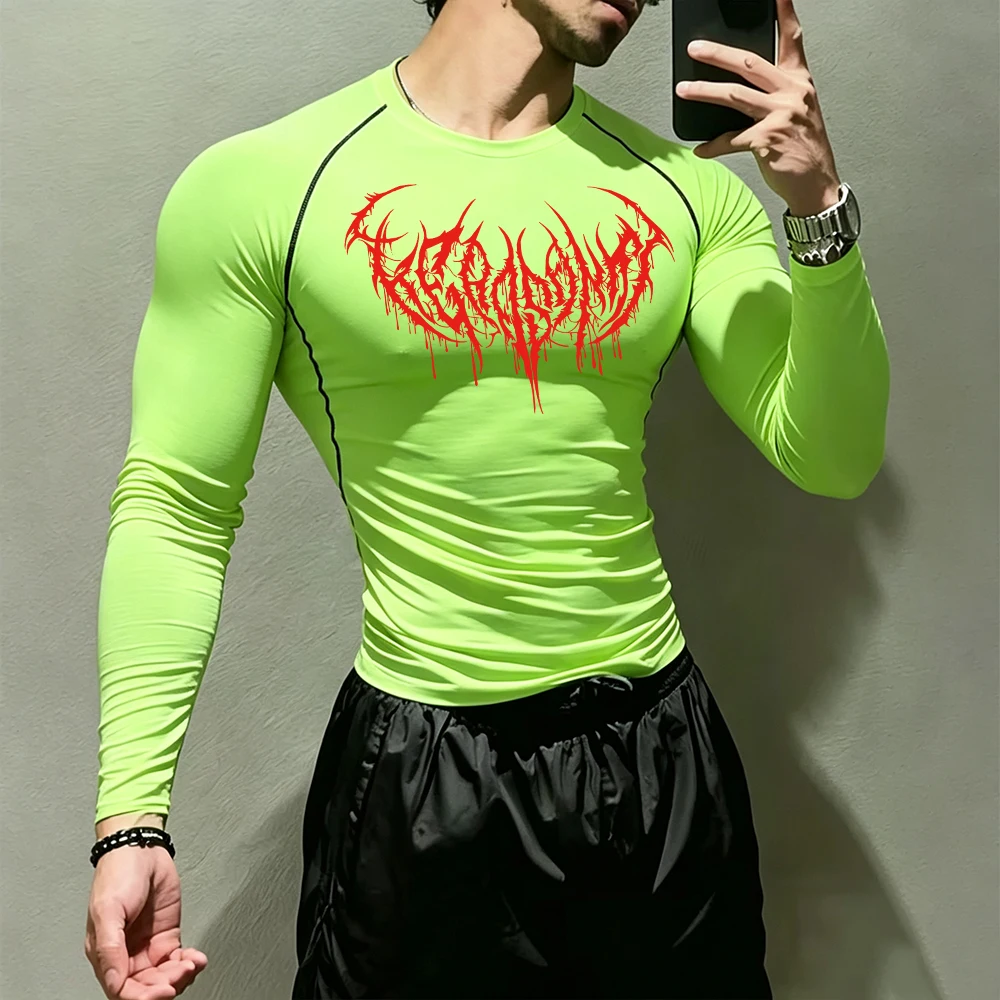 Herren Langarm-Kompressions-Oberteil mit gotischem Dornen-Print, schnelltrocknend, elastisch, atmungsaktiv, T-Shirt für tägliches Workout, Laufen und Aktivsport. – Detail 1