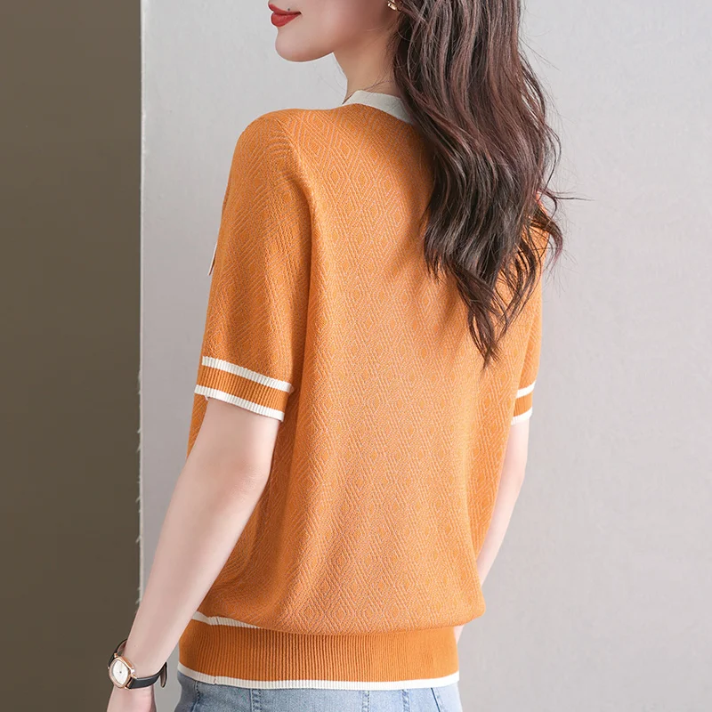 TuangBiang-jerséis de Tencel con cuello en V para mujer, camisetas de manga corta de punto con bolsillo simulado, Tops holgados con diamantes, 2023