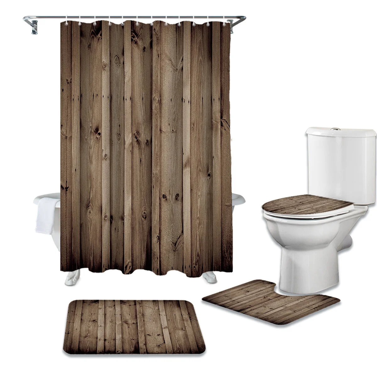 Vintage Brown Wooden Board Shower Curtain Sets Non-Slip Rugs Toilet Lid Cover and Bath Mat Waterproof Bathroom Curtains