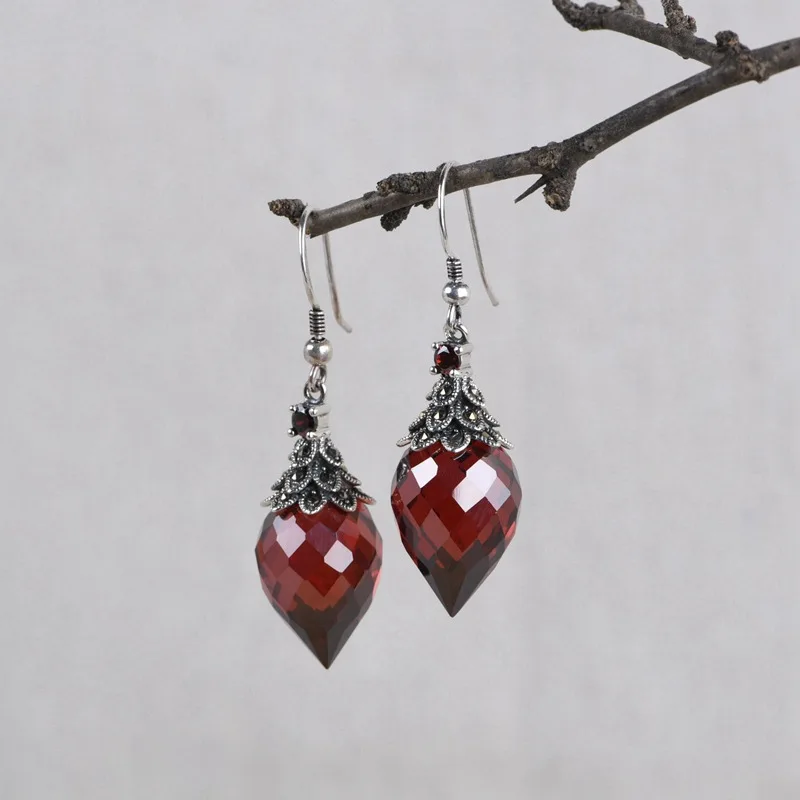 BOCAI New S925 Sterling Silver Pendants Drop Earrings for Women Antique Silver Waterdrip Red Zircon Charms Charm Fine Jewelry