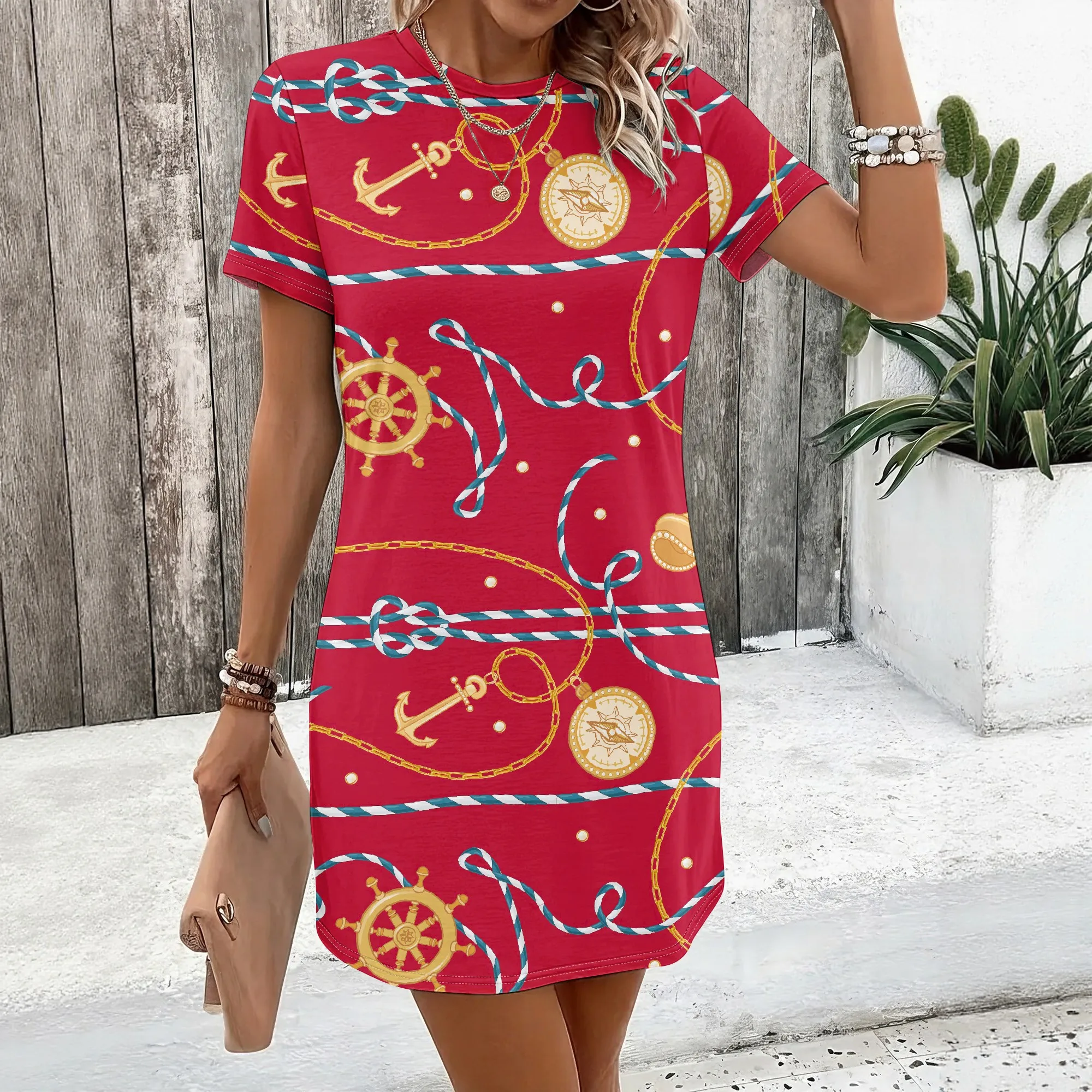 T-Shirt-Kleid mit nautischem Aufdruck, Anker- und Seilmuster, Schiffsrad-Design, lässige Sommerkleidung für Damen, S-2XL – Detail 5
