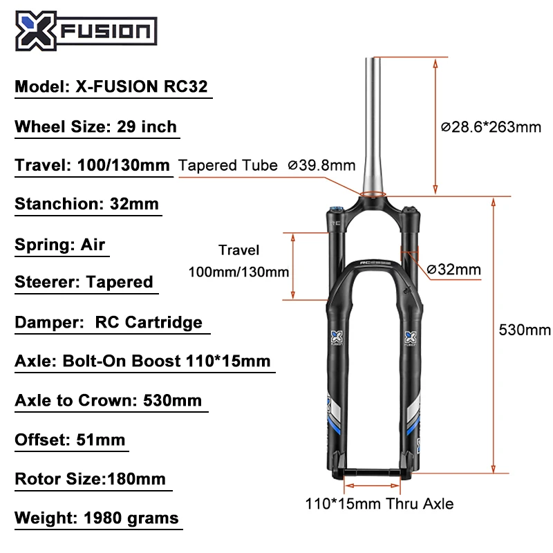 Bicycle Suspension Air Fork 29ER X-FUSION RC32 130mm/100mm Travel MTB Mountain Bike Front Fork Manual Lock 32mm BOOST 110x15mm