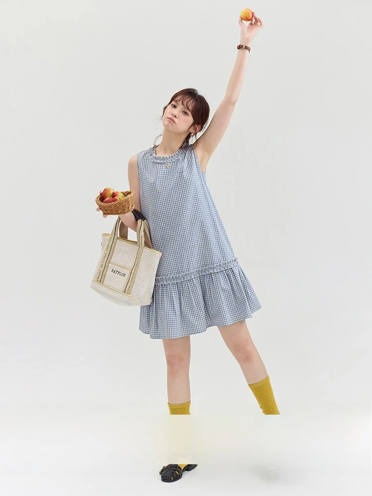 

AMUU Original Cotton Plaid Summer Dress Women's Loose Vest Short Skirt Style Korean round Neck Sleeveless Daily Wear