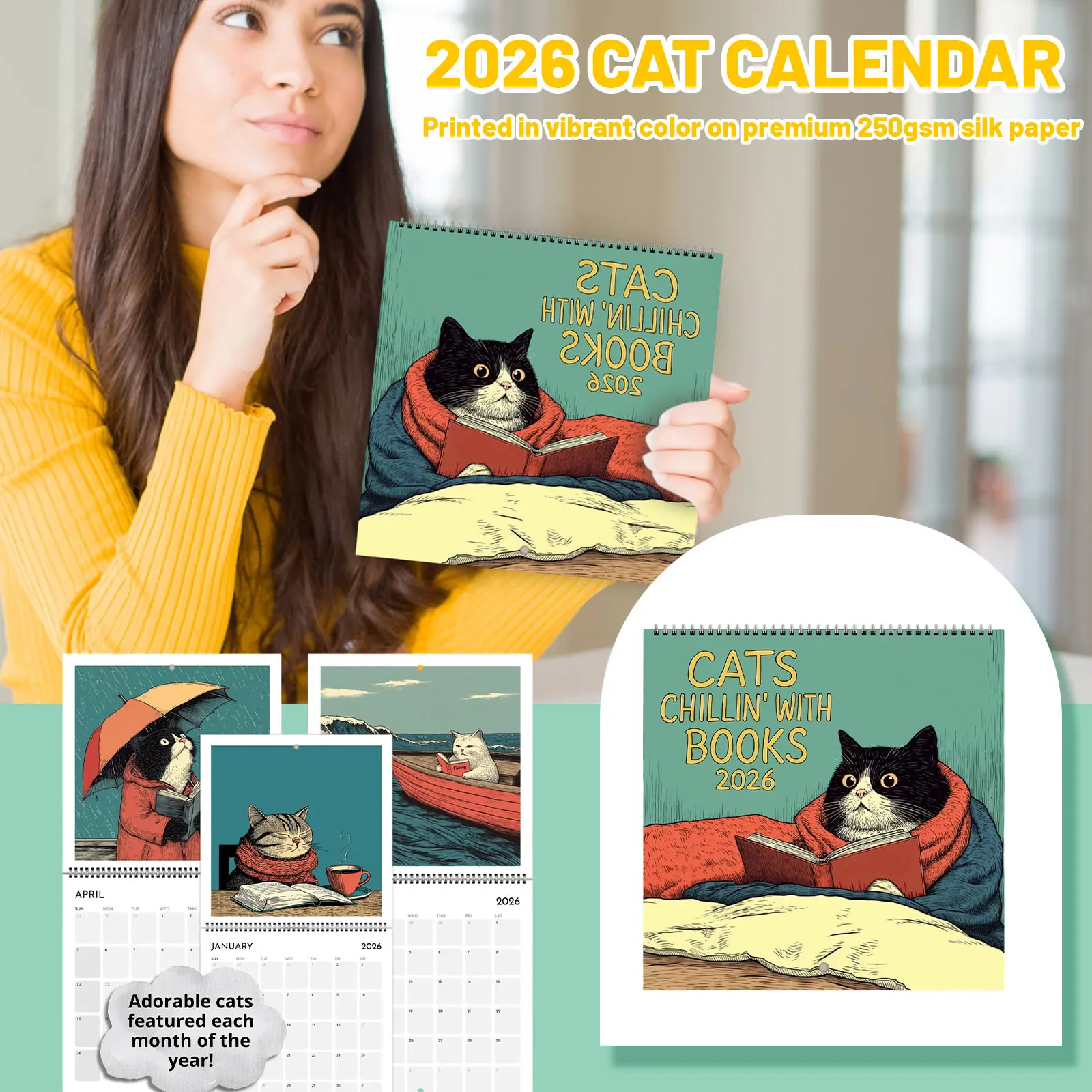 

Календарь с изображением кошек на 2026 год — Cats Chillin' с книгами. Настенный календарь на 2026 год. Ежемесячный планировщик. Органайзер. Календарь. Настольный календарь.