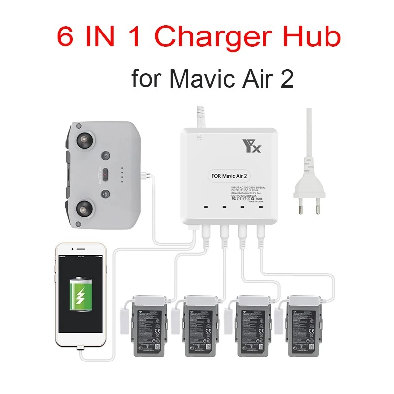 For Mavic Air 2/2S Drone 6 In 1 Battery Charger With USB Port Charging Hub Intelligent Multi Charger Accessory