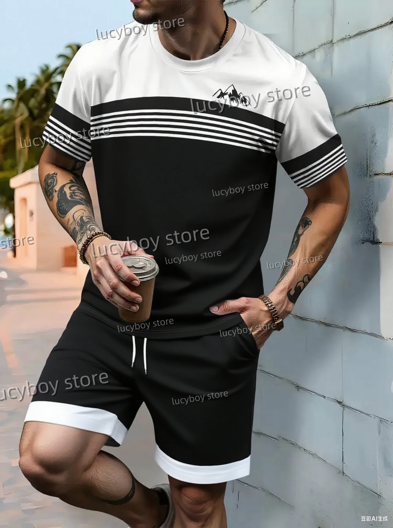 Summer Men Striped mountain peak  Print Set Short Sleeve T-Shirt Shorts Set Adult Sport Jogging Plus Size Tracksuit 2 Piece Set