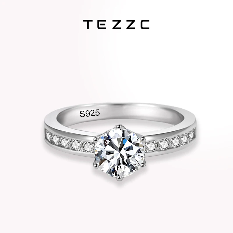 Tezzc 1ct Moissanite Lab Diamond Ring 925 Sterling Silver with Gold Plated Pass Diamond Test Party Rings For Women Fine Jewelry