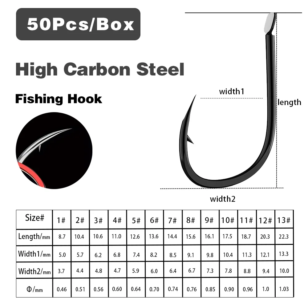 ISEAMA 50-Pack High-Carbon Carp Fishing Hooks (1#-10#)