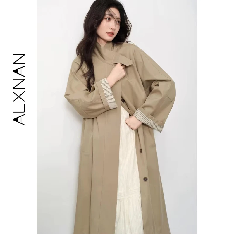 ALXNAN 카키 트렌치 가을 겨울 오버사이즈 싱글 브레스티드 패치워크 미드 길이 코트 방풍 공식 출퇴근용 트렌치 L57538