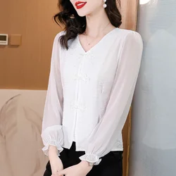 #2556 Spring Summer White Beige Blouse Women Long Sleeve Thin Split Joint Vintage Chinese Style Short Sexy Blouse V-neck Buttons