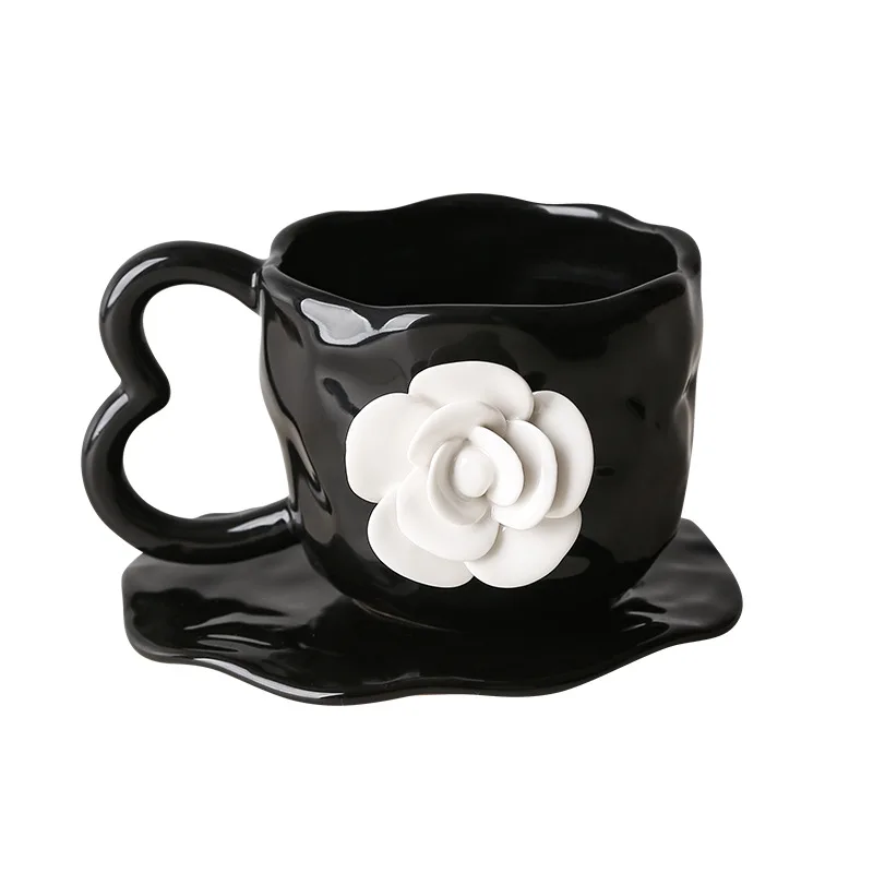 Factory Direct Compatible with Coffee Saucer Ceramic Three-dimensional Embossed Mug Flower Cup High Value Camellia