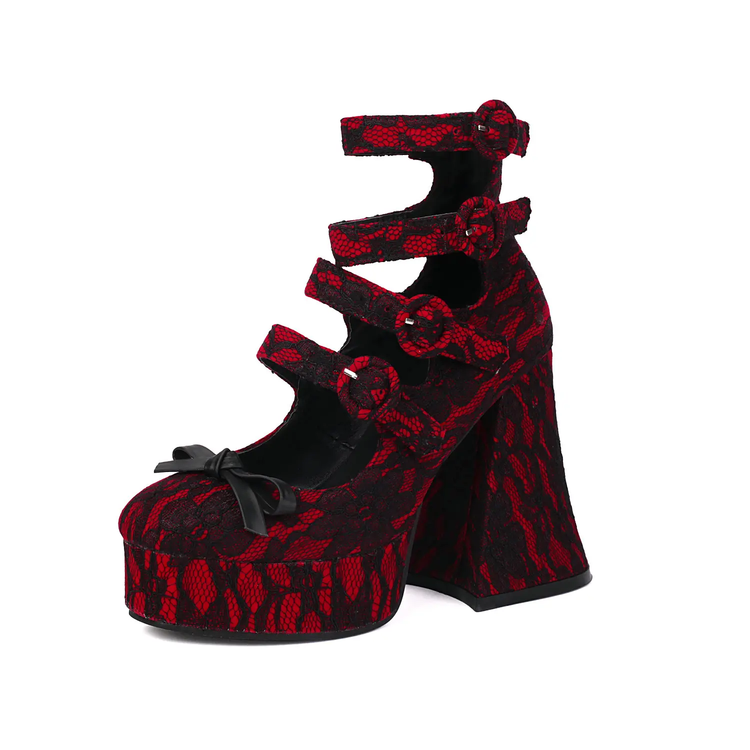 

Gothic Women's Mary Jane Shoes Lolita Platform Dress Pumps with Bowknot Red Black Chunky Heels Buckles Decor for Party Cosplay