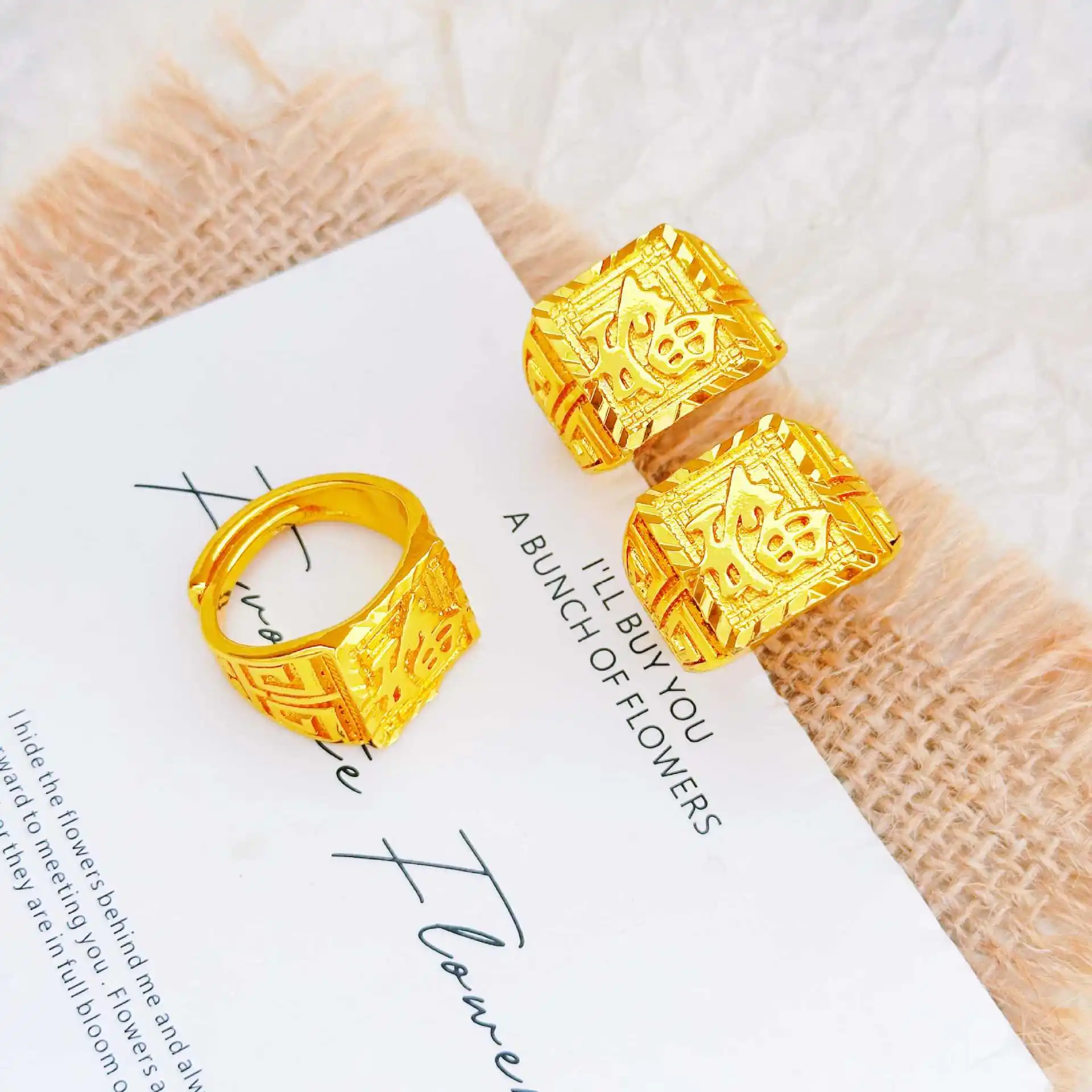 Timeless mementos finalize Fu Character Square Ring for men from top-tier 24K Gold highlighting flawless AU999 artistry