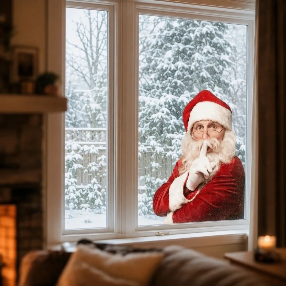2D Flat Static Cling Window Sticker Reusable Double-Sided Visible Peeking Santa Claus Removable Realistic Print Mirror Cling Car