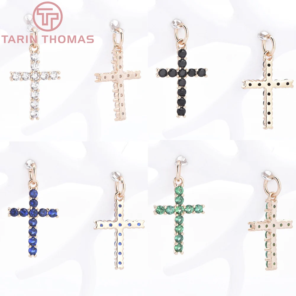 (9470) 4PCS 12x18.5MM 24K Gold Color Brass with Zircon Cross Charms Pendants High Quality DIY Jewelry Making Findings Wholesale