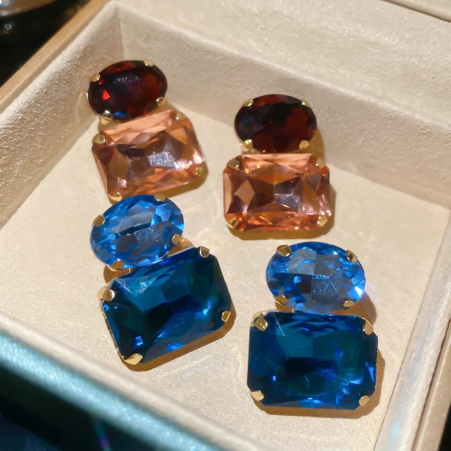 Neue Vintage Blaue Kaffee Quadratische Ovale Strass-Ohrstecker für Damen, Glänzende Kubische Geometrische Ohrstecker für Alltag und Festlichkeiten, Bijoux – Detail 3