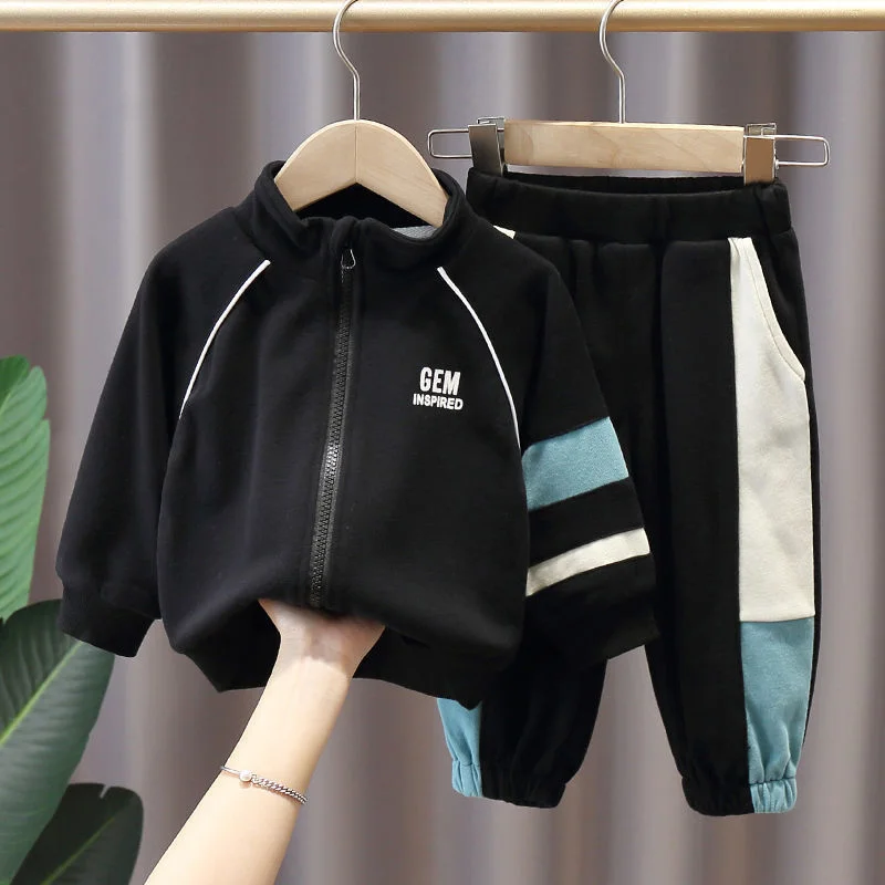 Set Contrast Jogger Kids Tracksuit Full Zip Baby Boys Fleece Hoodie + Sweatpant Sets Children Outfits Spring Autumn 1-7 Years