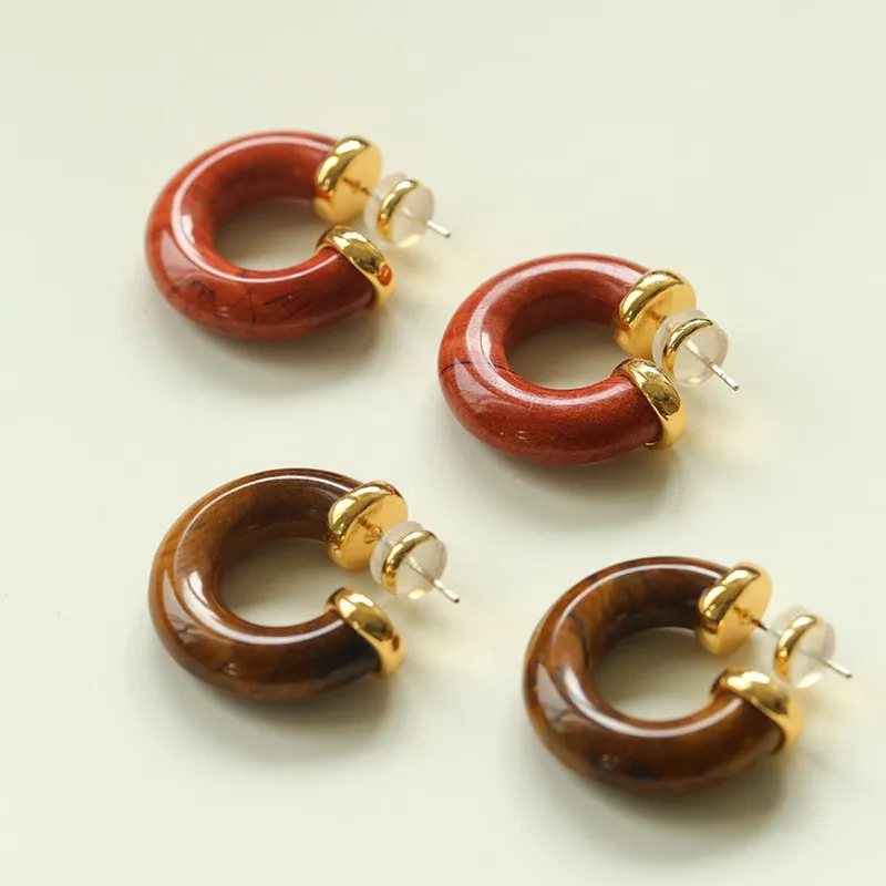 

Tiger Eye & Red Stone C-Shape Earrings，Natural Stone Retro Hoop Earrings for Women