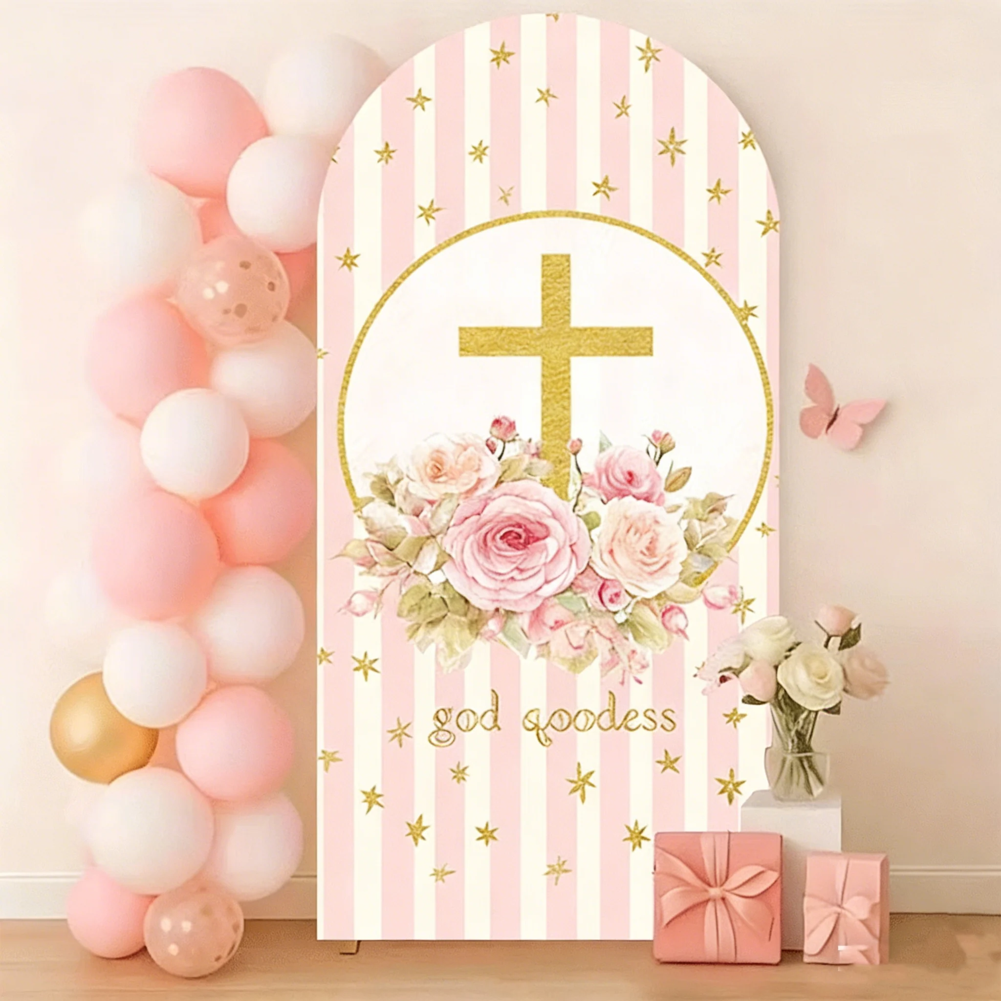 

Custom 2-sided Floral Blessing Cross Photo Backdrop Pink Stripes Gold Stars God Bless Party Banner Background Chiara Arch Cover