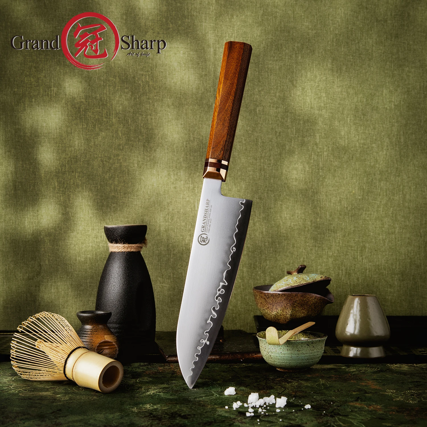 

Нож Grandsharp 7,5 дюйма Santoku ZDP-189, стальной сердечник, 3-слойный композитный нож Mkuruti с деревянной и латунной ручкой, профессиональный кухонный нож для приготовления пищи