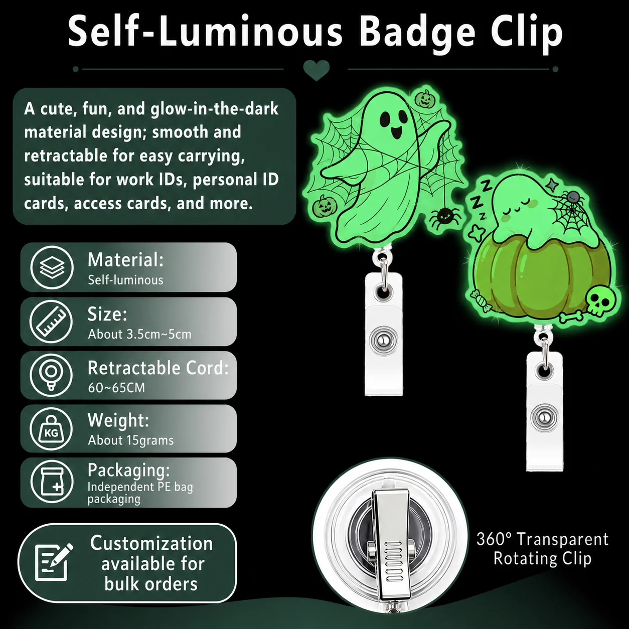 Halloween Glow-in-the-dark Ghost Retractable Badge Reel Acrylic ID Badge Holder with 360° Rotating Clip for Nurse Doctor Teacher