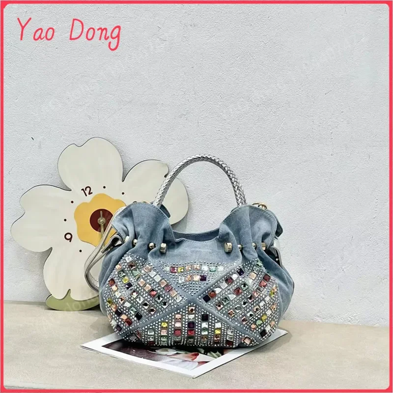 Yao Dong Denim Blue 2024 new Korean mini fashion diamond-encrusted canvas tote Girl denim trend bag crossbody