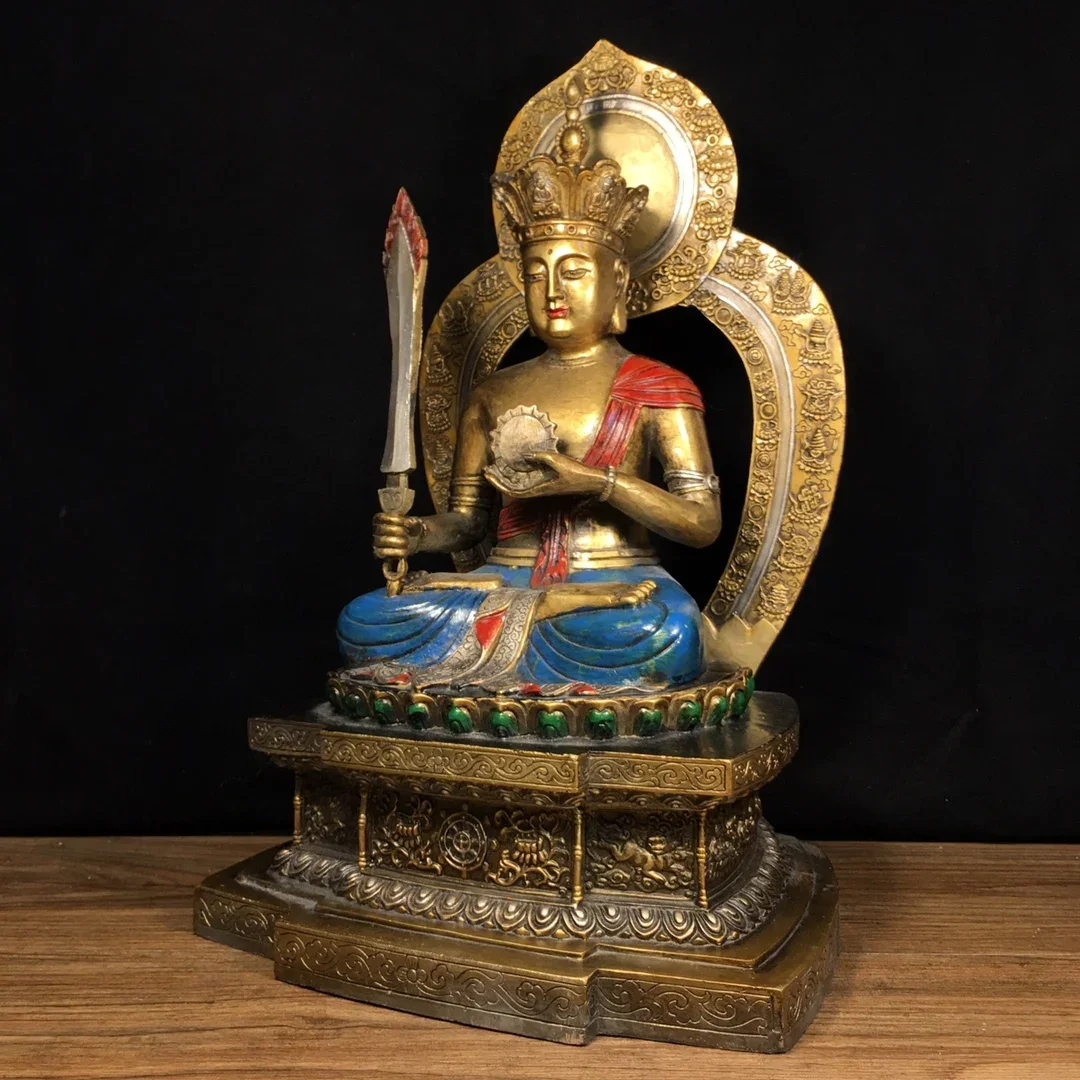 

15"Tibetan Temple Collection Old Bronze Painted Akashagarbha Bodhisattva Lotus Buddha Platform Worship Hall Town house