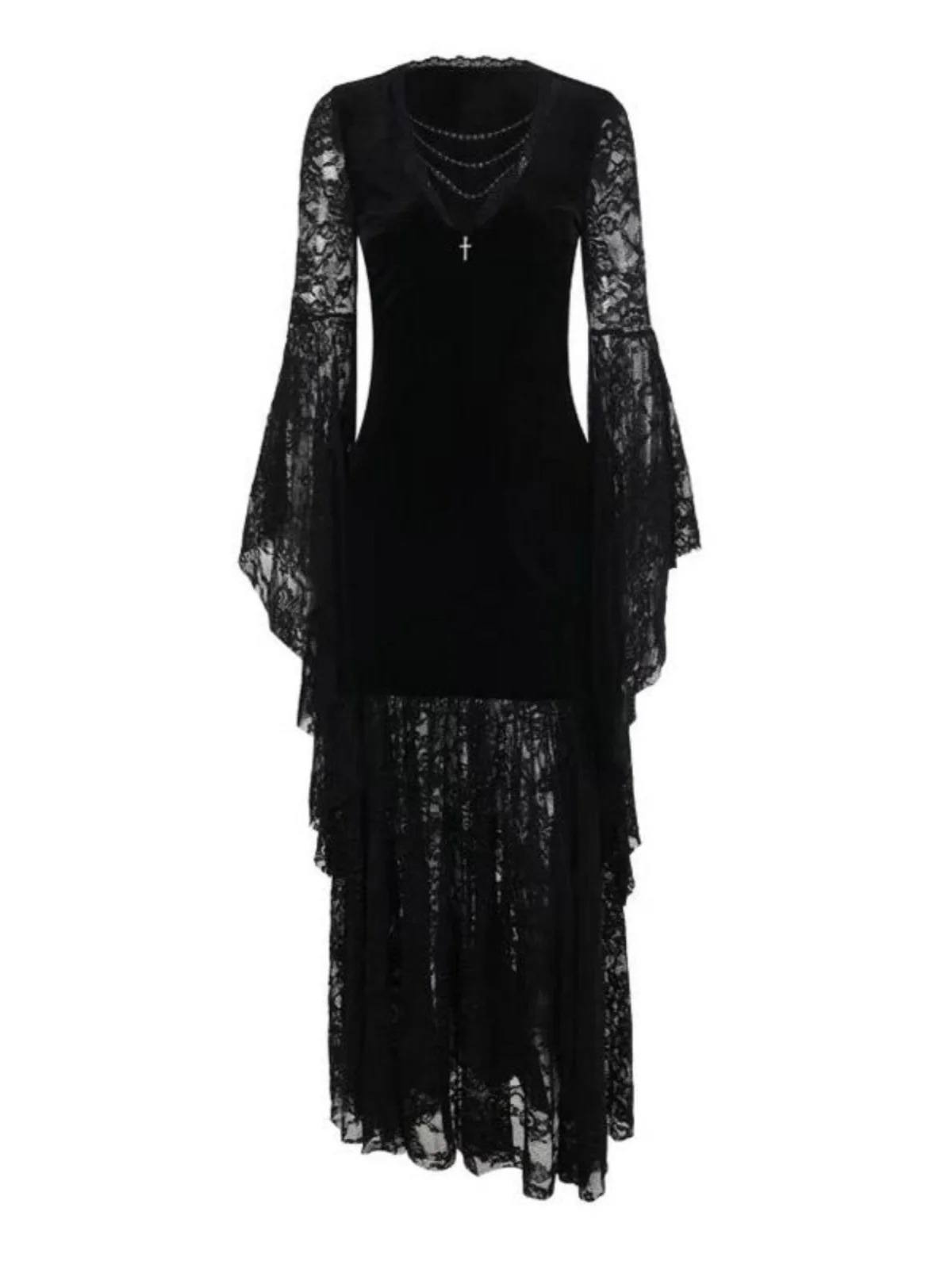 القوطية Sle المخملية الدانتيل Dr k سلسلة ريترو Bla Dr loween مكافحة الثقافة عالية الخصر طويلة Sve V-Ne Y-ape... #1