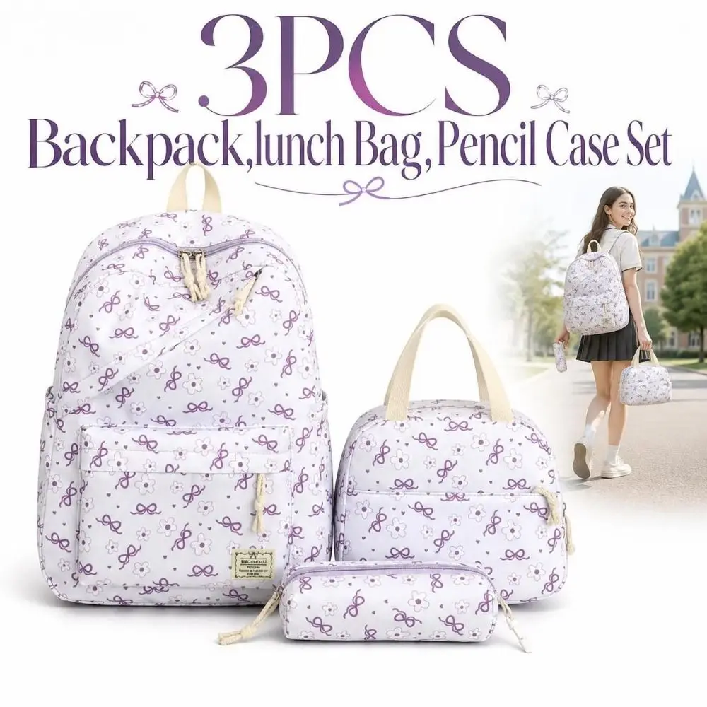 3PCS Bow Print Backpack,lunch Bag,Pencil Case Set Lightweight Spacious Schoolbag Set Sweet Multicolor Student Rucksack Set