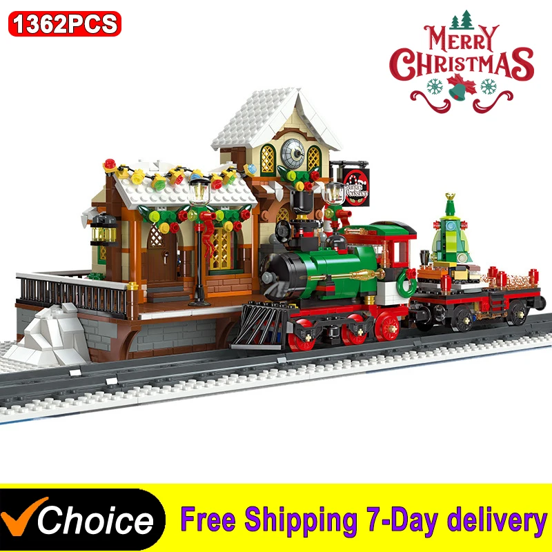 Christmas Train Model Street View with LED Lights Building Blocks Bricks Construction Model Kids Toys Christmas Gift Decoration