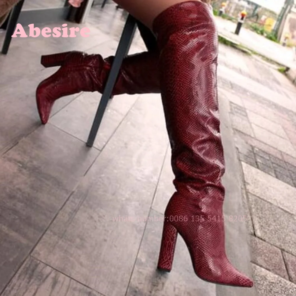 Burgundowe długie buty ze skóry węża Pointy Toe Chunky Heel Over The Knee Boots Side Zipper Leather Casual Women\'s Winter Shoes Warm