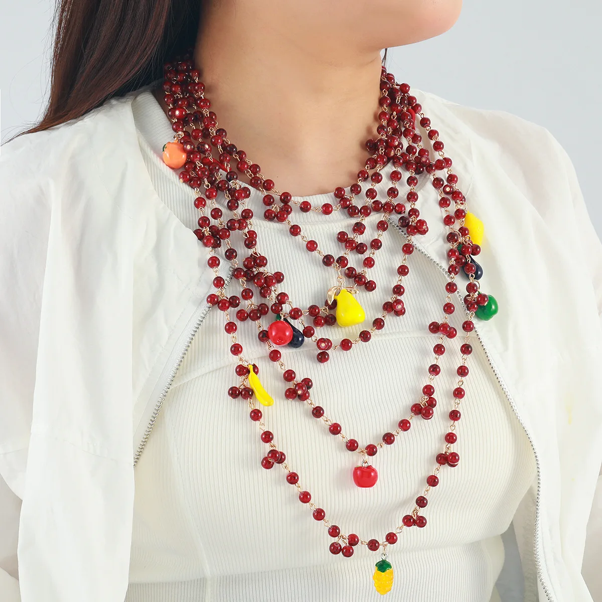 

ZAA Fashion Multi-layered Crystal Long Chili Eggplant Lemon Necklace