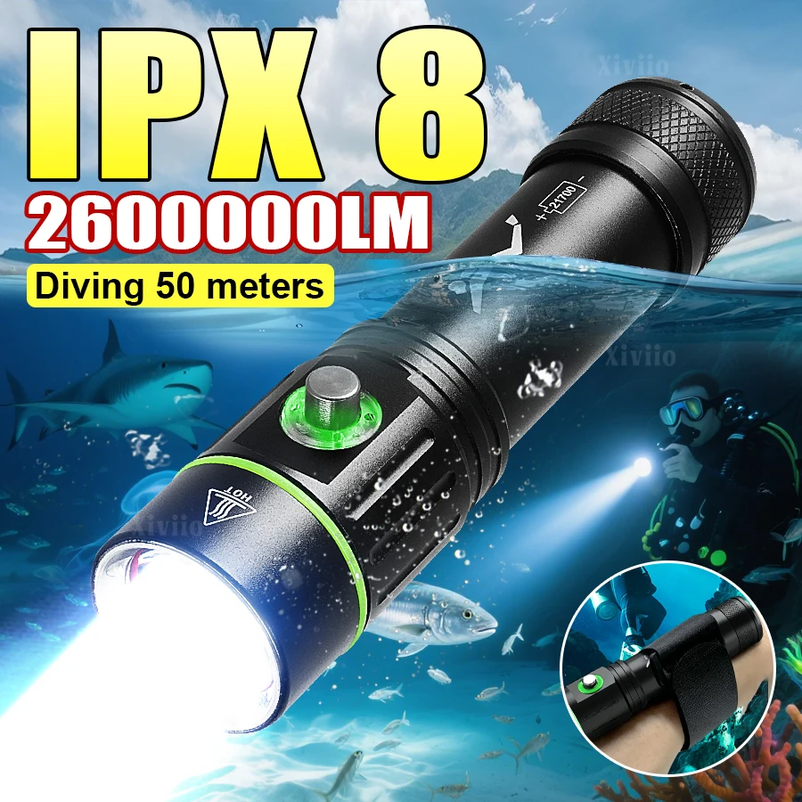 

2026 Фонарик для подводного плавания 2600000LM IPX8 Водонепроницаемый профессиональный фонарь для дайвинга 18650 Перезаряжаемый подводный фонарь для дайвинга 50 м с ремешком на запястье и веревкой