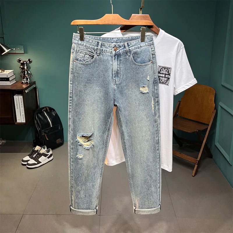 Summer Cropped Jeans Men's All-Matching Fashion Brand Embroidery Loose Hole Pencil Pants Fashion High-End Retro Pants