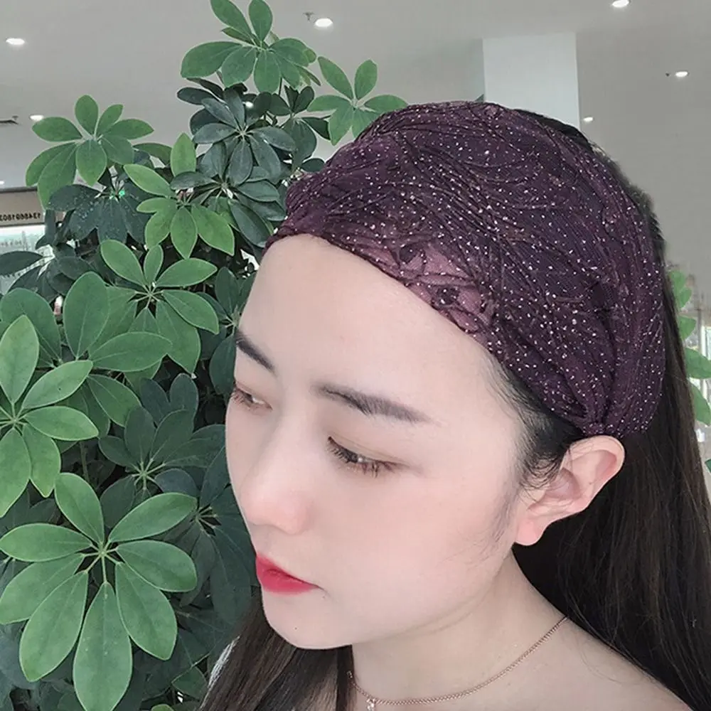 Wide Side Sport Headband New Headdress Transparent Women Head Wrap Mesh Headband Lace Flower Hairbands Korean Hair Hoop