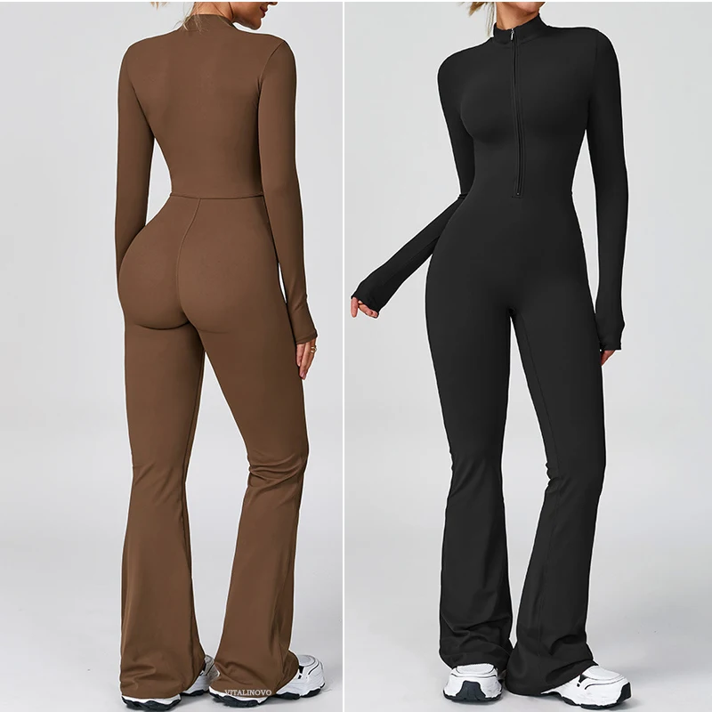 VITALINOVO Damen-Overall mit langen Ärmeln, Flare-Workout-Overall, Reißverschluss, Strampler, Hose, weites Bein, Ganzkörper-Body, figurbetont, einteilig – Detail 26