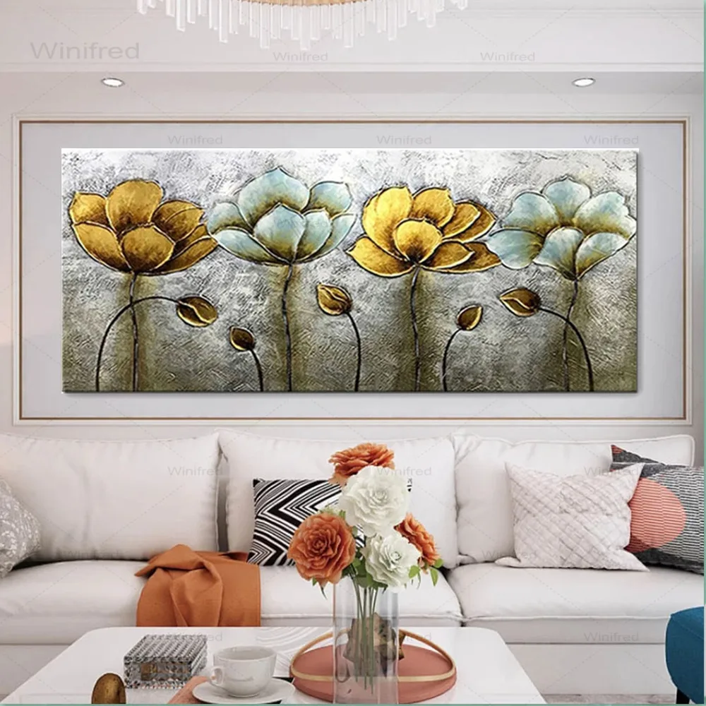 

Golden Flower Oil Painting On Canvas Poster Abstract Wall Art Decorative Paintings Large Luxury Picture Living Room Decor