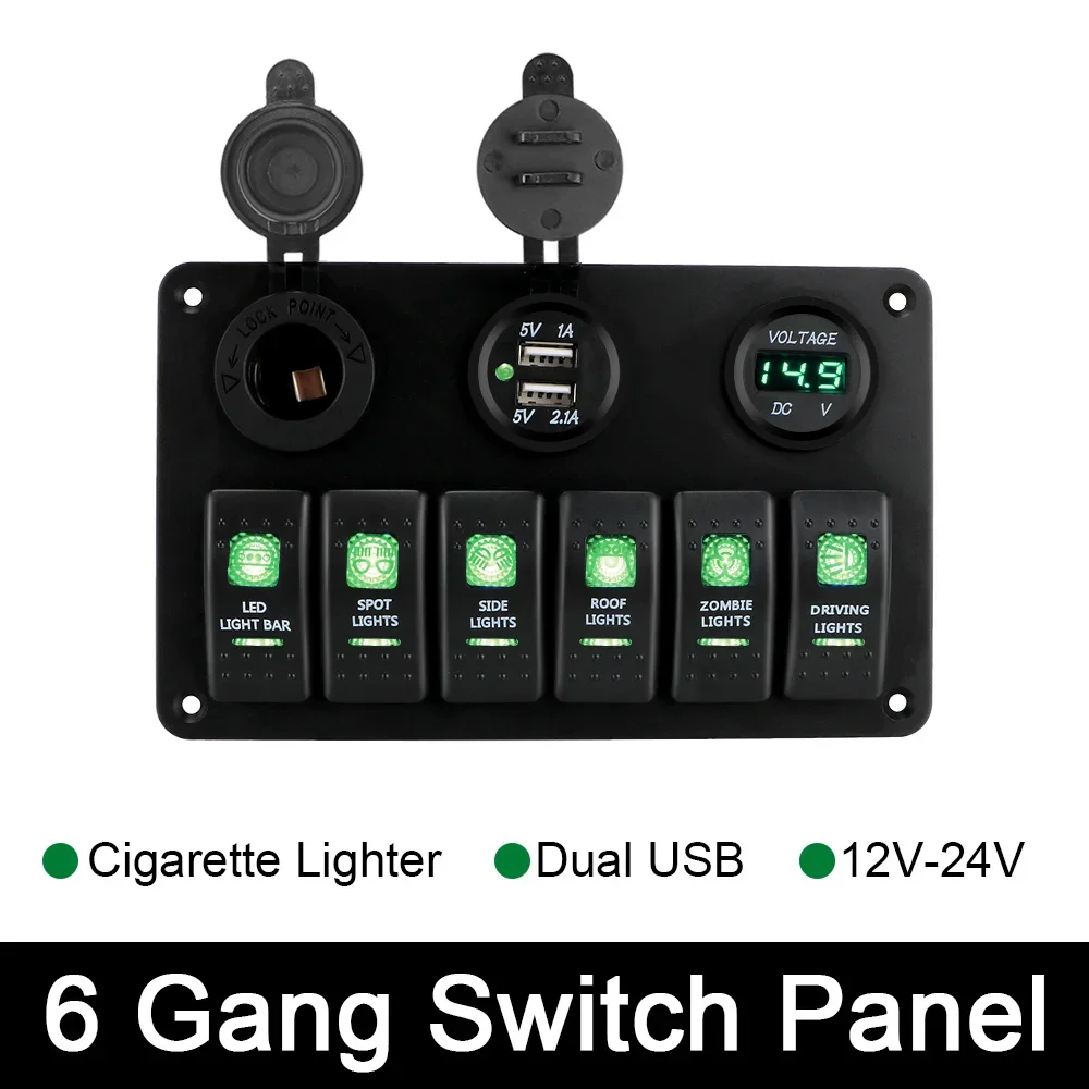 

DC 12V/24V Waterproof Car Marine Circuit Breaker LED Digital Voltmeter Dual USB Ports ON/OFF Lights 6 Gang Rocker Switch Panel