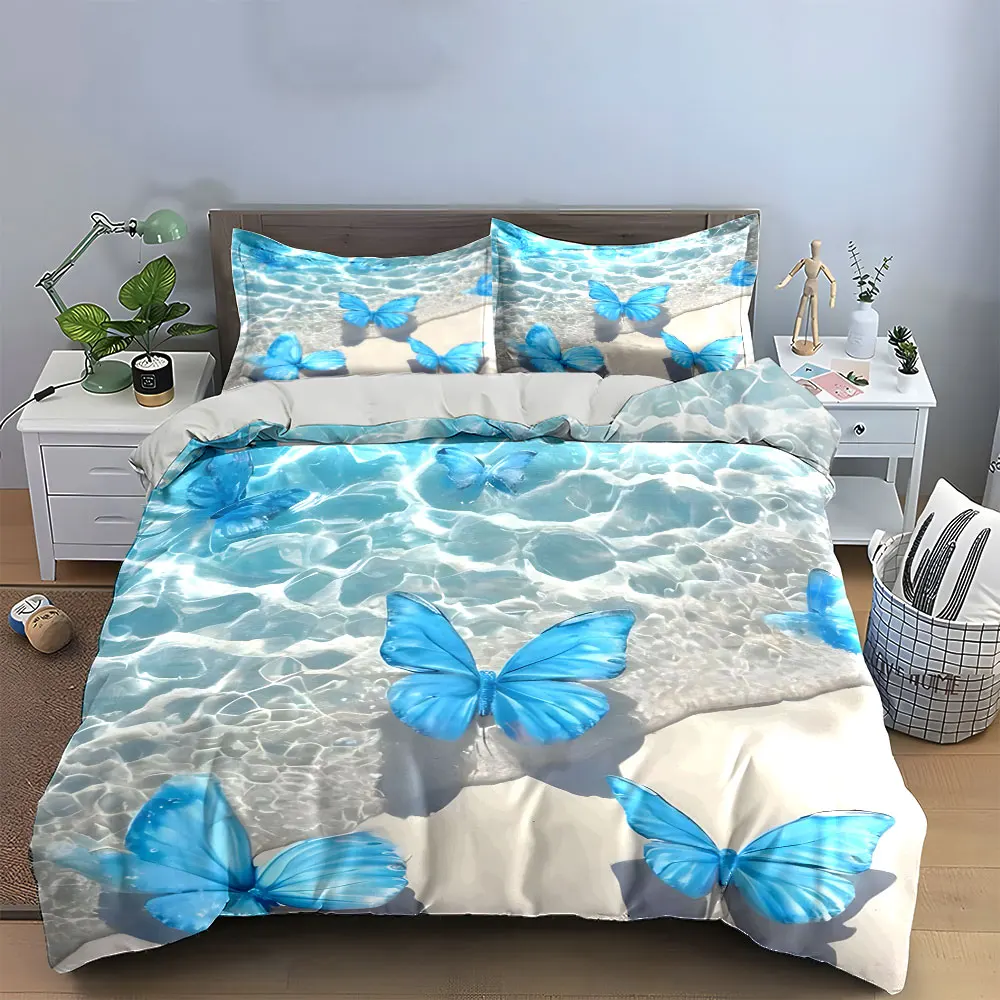 Blue Butterfly Ocean Decor Set Bedding Set with 1 Duvet Cover 2 Pillowcases Single Double King Queen, Gift