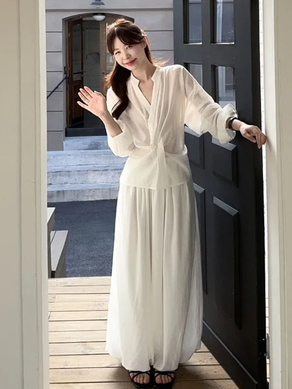

Simple White Women's Set Spring 2025 New Knot Sun Protection Shirt Wide Leg Lantern Pants Two Piece Set Trendy V Neck Long Sl...
