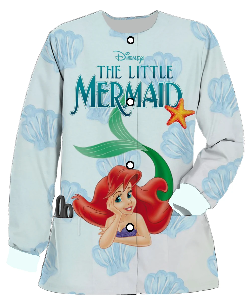 فستان نسائي جديد طويل الأكمام جراحي ديزني ارييل الأميرة حورية البحر طباعة جيب مزدوج سترة فضفاضة طبيب الأسنان ملابس العمل