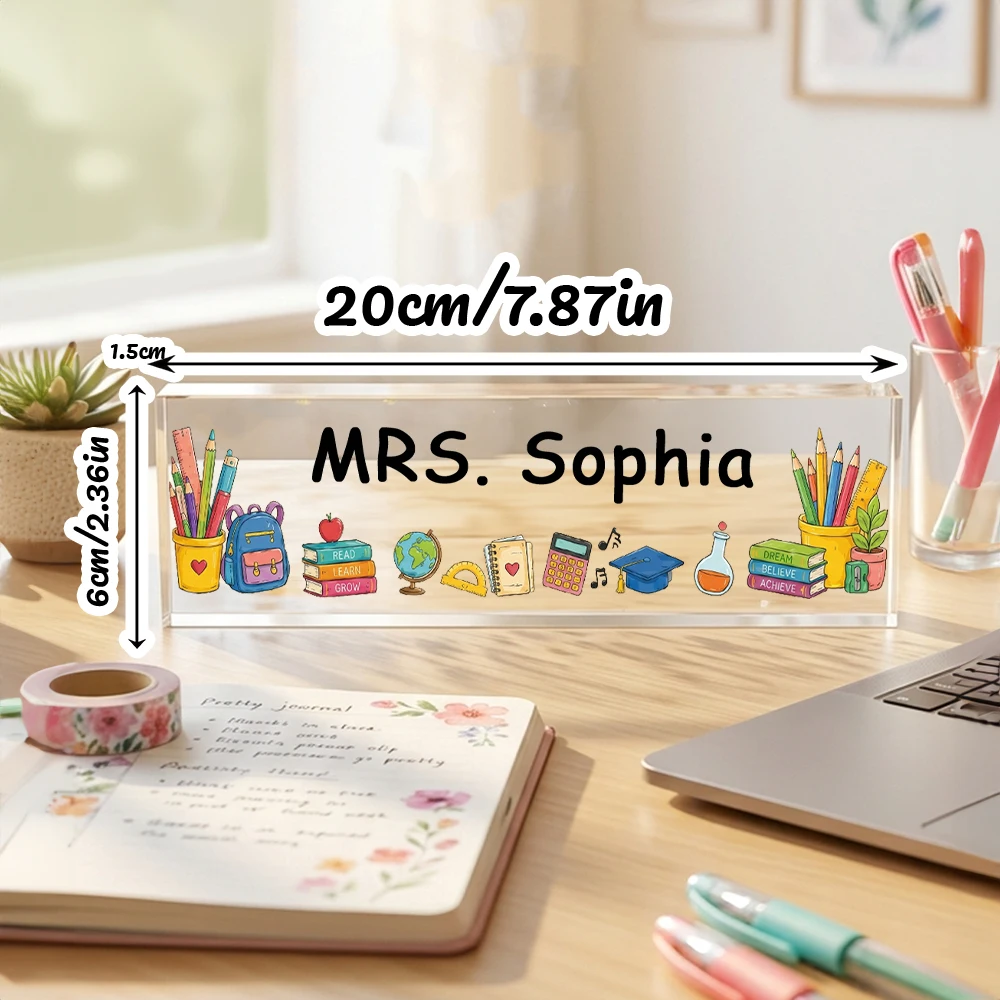 Customizable Teacher Acrylic Desk Nameplate, Personalized Name Office Desktop Plaque, 2 Styles Stationery Design, Educator Gift